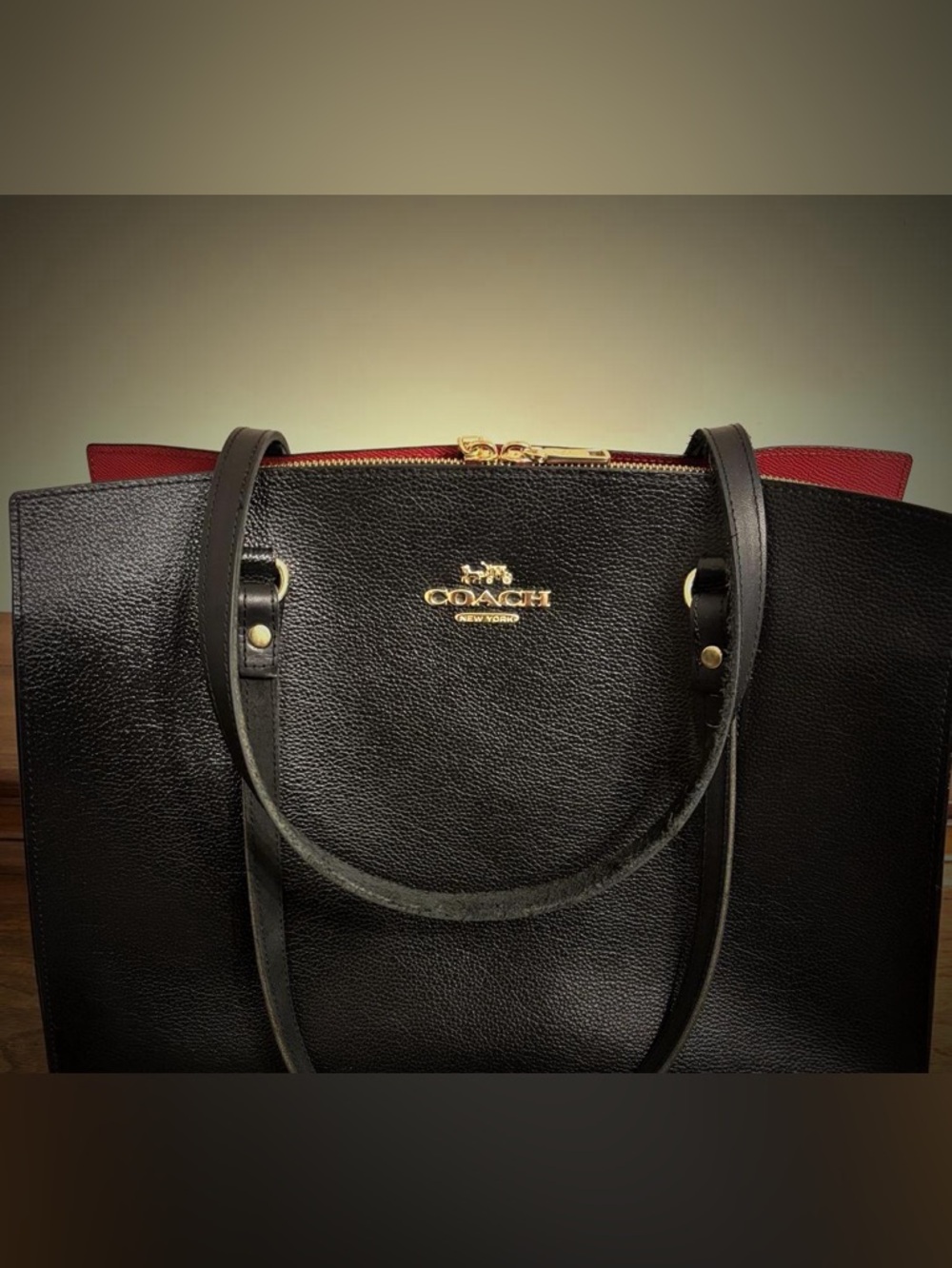 Coach Black Leather Tote with Red Interior Accent - Picture 14 of 14